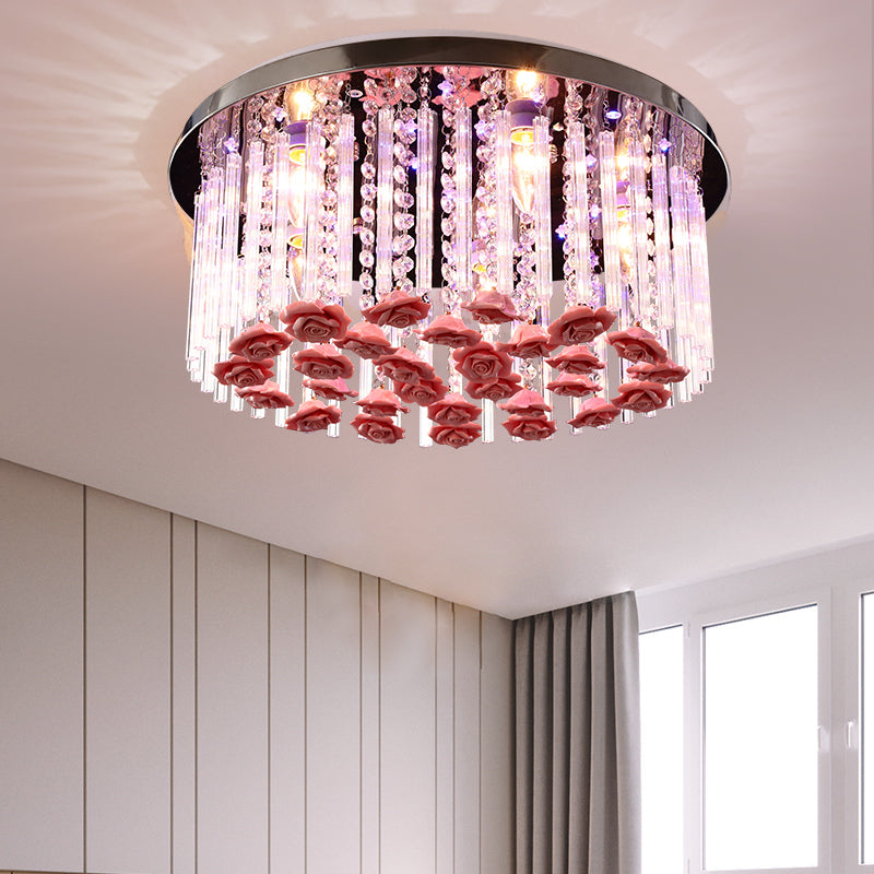 LED Round Ceiling Mount Light Modern Stylish Crystal and Ceramic Ceiling Lamp with Rose Deco in Red Clearhalo 'Ceiling Lights' 'Close To Ceiling Lights' 'Close to ceiling' 'Flush mount' Lighting' 152315