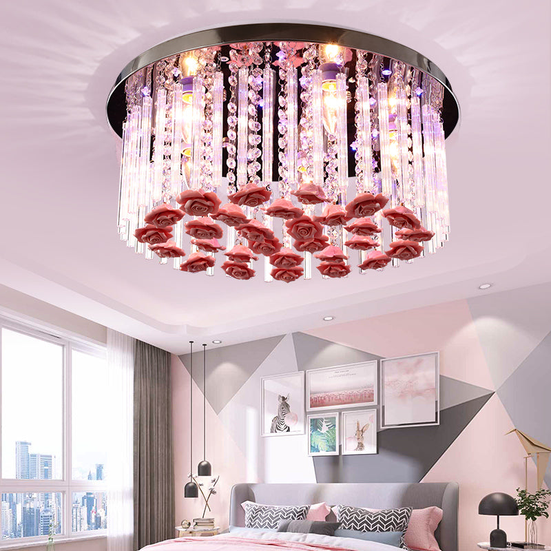 LED Round Ceiling Mount Light Modern Stylish Crystal and Ceramic Ceiling Lamp with Rose Deco in Red Red 31.5" Clearhalo 'Ceiling Lights' 'Close To Ceiling Lights' 'Close to ceiling' 'Flush mount' Lighting' 152316