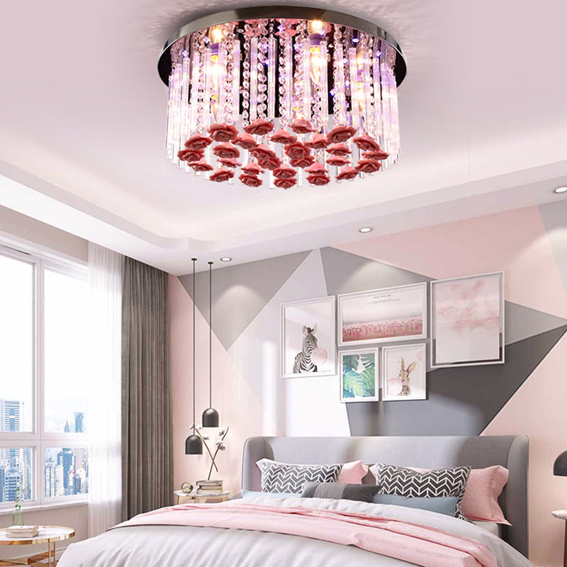 LED Round Ceiling Mount Light Modern Stylish Crystal and Ceramic Ceiling Lamp with Rose Deco in Red Clearhalo 'Ceiling Lights' 'Close To Ceiling Lights' 'Close to ceiling' 'Flush mount' Lighting' 152317