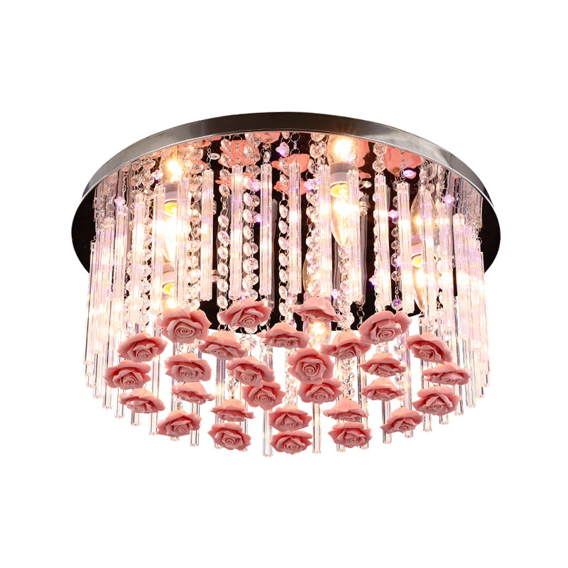 LED Round Ceiling Mount Light Modern Stylish Crystal and Ceramic Ceiling Lamp with Rose Deco in Red Clearhalo 'Ceiling Lights' 'Close To Ceiling Lights' 'Close to ceiling' 'Flush mount' Lighting' 152318