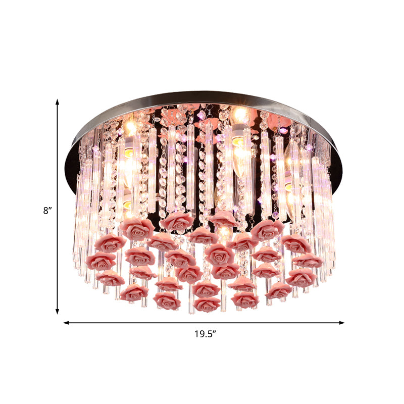 LED Round Ceiling Mount Light Modern Stylish Crystal and Ceramic Ceiling Lamp with Rose Deco in Red Clearhalo 'Ceiling Lights' 'Close To Ceiling Lights' 'Close to ceiling' 'Flush mount' Lighting' 152319