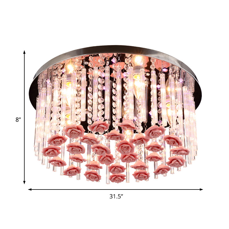 LED Round Ceiling Mount Light Modern Stylish Crystal and Ceramic Ceiling Lamp with Rose Deco in Red Clearhalo 'Ceiling Lights' 'Close To Ceiling Lights' 'Close to ceiling' 'Flush mount' Lighting' 152320