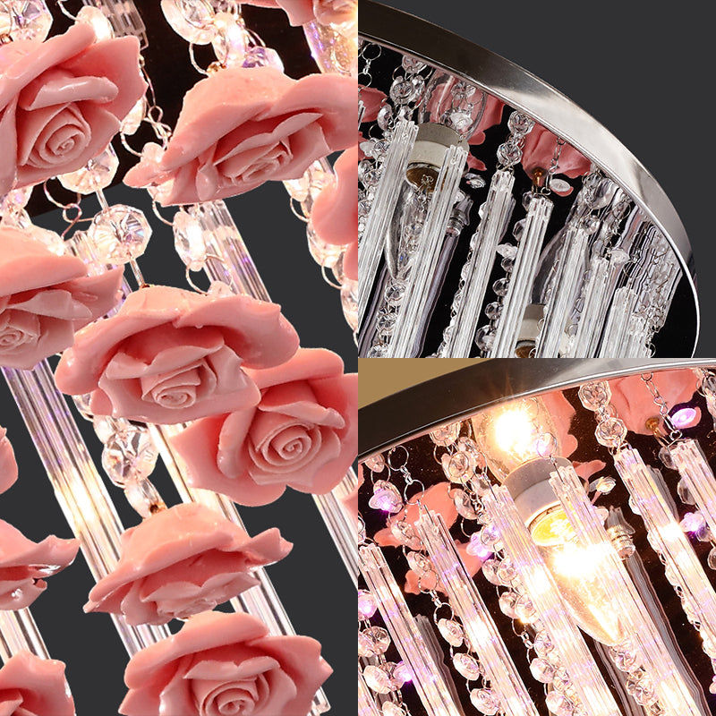 LED Round Ceiling Mount Light Modern Stylish Crystal and Ceramic Ceiling Lamp with Rose Deco in Red Clearhalo 'Ceiling Lights' 'Close To Ceiling Lights' 'Close to ceiling' 'Flush mount' Lighting' 152321