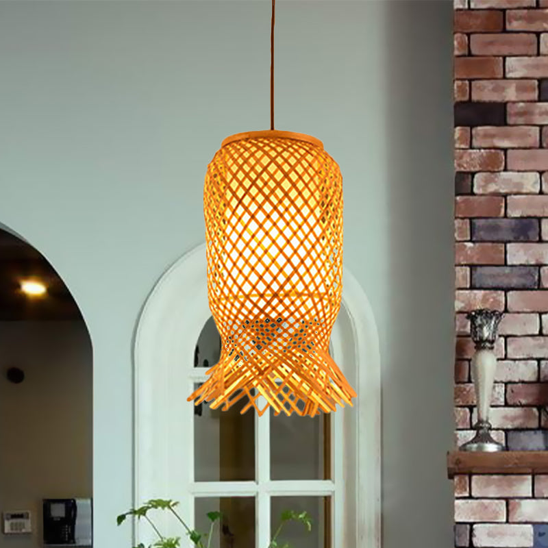 Hand Knitted Bamboo Lantern Drop Light Asian Single Pendant Light in Beige for Restaurant Clearhalo 'Ceiling Lights' 'Pendant Lights' 'Pendants' Lighting' 1523233