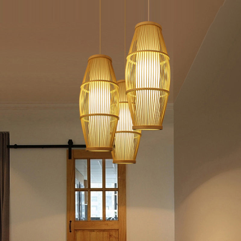 Asian Ellipse Shade Hanging Light for Restaurant Hand Made Bamboo Suspension Light in Beige Clearhalo 'Ceiling Lights' 'Pendant Lights' 'Pendants' Lighting' 1523243