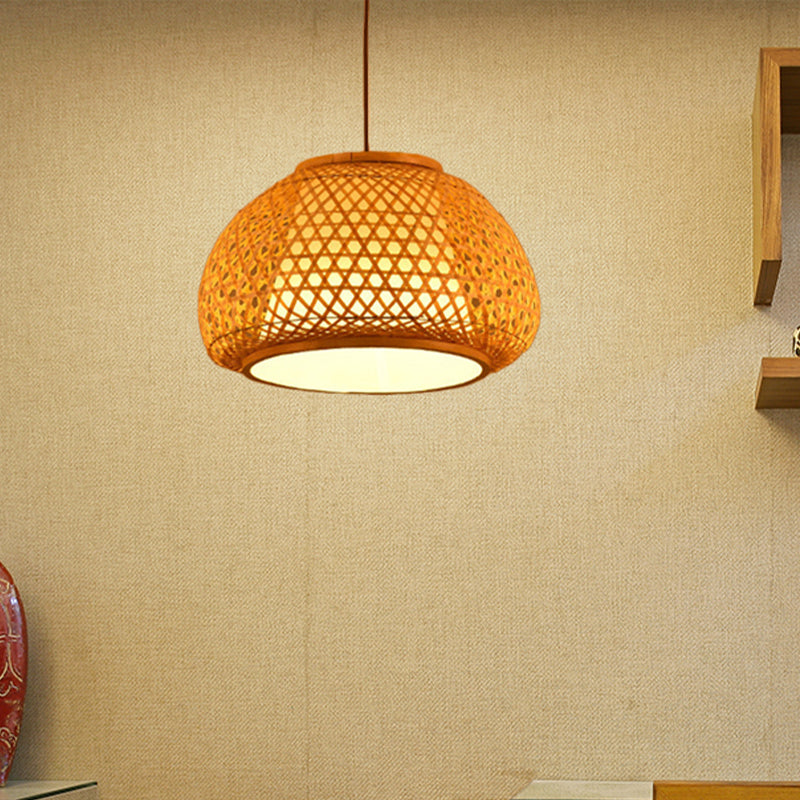 Hand Knitted Bamboo Lantern Drop Light for Restaurant Asian 1 Head Pendant Lamp with Paper Interior Shade Clearhalo 'Ceiling Lights' 'Pendant Lights' 'Pendants' Lighting' 1523244