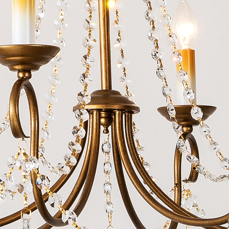 Vintage Brass Chandelier Pendant Light Crystal Beaded Strand 6/9 Lights Hanging Pendant with Bare Bulb Clearhalo 'Ceiling Lights' 'Chandeliers' 'Modern Chandeliers' 'Modern' Lighting' 152326