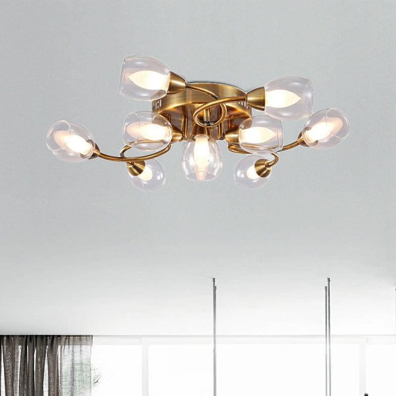 Contemporary Clear Glass Shade Metal Semi Flush Ceiling Light 10 Lights Gold Bedroom Ceiling Mounted Fixture Clearhalo 'Ceiling Lights' 'Close To Ceiling Lights' 'Close to ceiling' 'Semi-flushmount' Lighting' 1523263