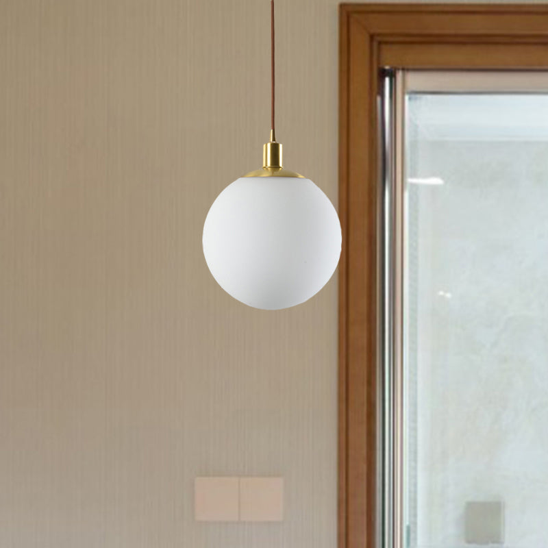 6"/8"/10" Wide Milky Glass Ball Pendant Light Post Modern Led Hanging Ceiling Lamp in Brass Clearhalo 'Ceiling Lights' 'Glass shade' 'Glass' 'Modern Pendants' 'Modern' 'Pendant Lights' 'Pendants' Lighting' 1523290