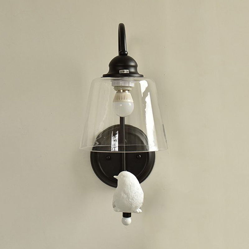 Cone Wall Lamp Modernist Clear Glass 1 Light White/Black Flush Mount Wall Sconce with White Bird Clearhalo 'Cast Iron' 'Glass' 'Industrial' 'Modern wall lights' 'Modern' 'Tiffany' 'Traditional wall lights' 'Wall Lamps & Sconces' 'Wall Lights' Lighting' 1523326