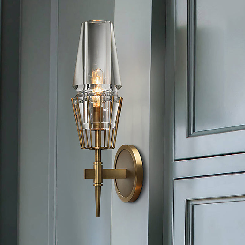 Tapered Clear Glass Wall Mount Light Modernist 1/2 Lights Gold Flush Mount Wall Sconce Clearhalo 'Cast Iron' 'Glass' 'Industrial' 'Modern wall lights' 'Modern' 'Tiffany' 'Traditional wall lights' 'Wall Lamps & Sconces' 'Wall Lights' Lighting' 1523328