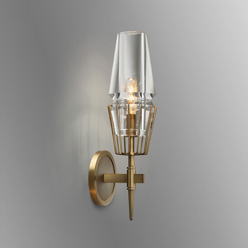 Tapered Clear Glass Wall Mount Light Modernist 1/2 Lights Gold Flush Mount Wall Sconce Clearhalo 'Cast Iron' 'Glass' 'Industrial' 'Modern wall lights' 'Modern' 'Tiffany' 'Traditional wall lights' 'Wall Lamps & Sconces' 'Wall Lights' Lighting' 1523329
