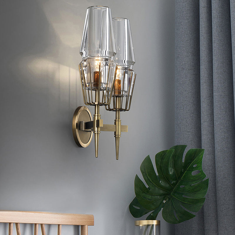 Tapered Clear Glass Wall Mount Light Modernist 1/2 Lights Gold Flush Mount Wall Sconce Clearhalo 'Cast Iron' 'Glass' 'Industrial' 'Modern wall lights' 'Modern' 'Tiffany' 'Traditional wall lights' 'Wall Lamps & Sconces' 'Wall Lights' Lighting' 1523330