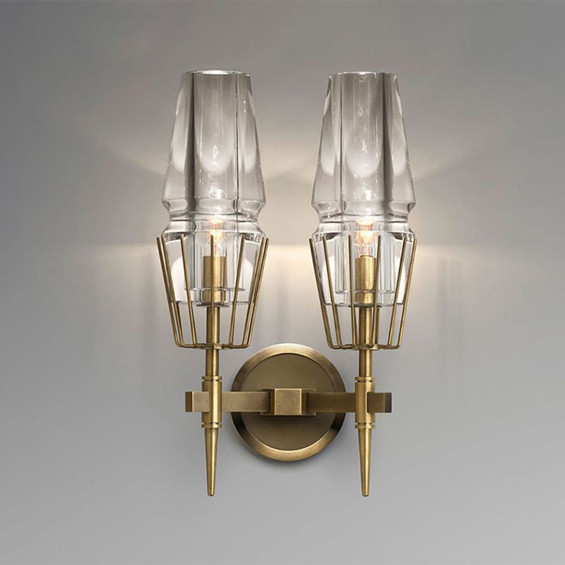 Tapered Clear Glass Wall Mount Light Modernist 1/2 Lights Gold Flush Mount Wall Sconce Clearhalo 'Cast Iron' 'Glass' 'Industrial' 'Modern wall lights' 'Modern' 'Tiffany' 'Traditional wall lights' 'Wall Lamps & Sconces' 'Wall Lights' Lighting' 1523331