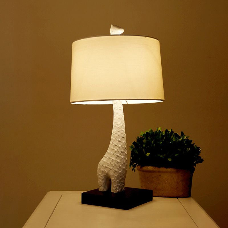 White Single Drum Study Lamp Modernism Fabric LED Reading Light with Giraffe Base for Bedroom Clearhalo 'Lamps' 'Table Lamps' Lighting' 1523351