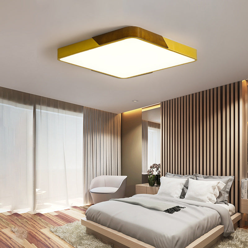 Gold Metal and Wood Flush Ceiling Mount Lamp with Square/Rectangular Acrylic Diffuser Modern LED Ceiling Flush Mount for Bedroom in Warm/White/Neutral, 16"/19.5"/25.5" W Clearhalo 'Ceiling Lights' 'Close To Ceiling Lights' 'Close to ceiling' 'Flush mount' Lighting' 152343