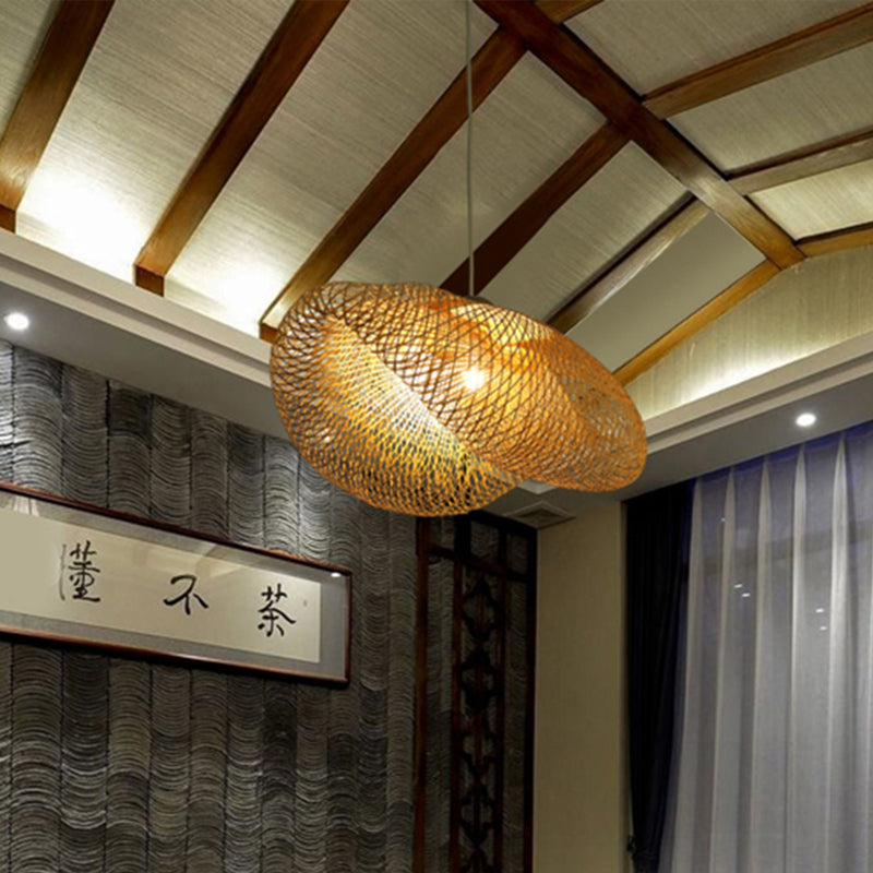 Asian Style Hat Shaped Hanging Pendant Rattan 1 Light Ceiling Hanging Lamp over Dining Table Clearhalo 'Ceiling Lights' 'Pendant Lights' 'Pendants' Lighting' 1523508