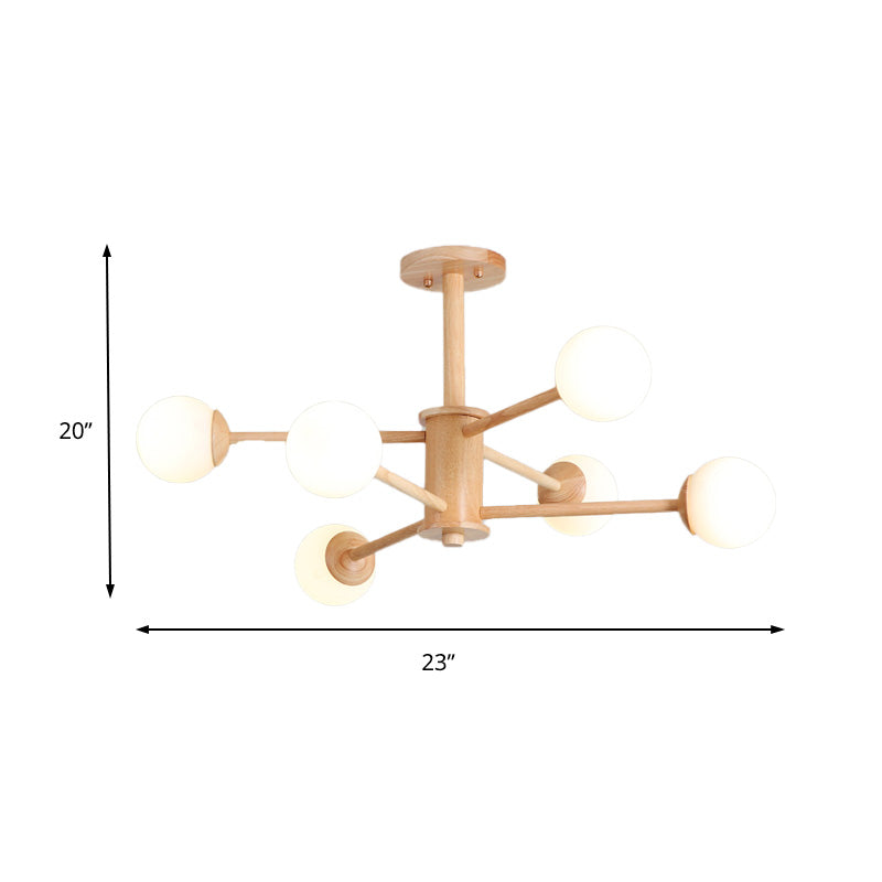 Starburst Chandelier Lighting Contemporary Wooden 6/8/12 Lights Hanging Ceiling Lamp Fixture with White Glass Ball Shade in Natural Wood Clearhalo 'Ceiling Lights' 'Chandeliers' 'Glass shade' 'Glass' 'Modern Chandeliers' 'Modern' Lighting' 152385