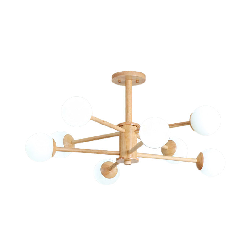 Starburst Chandelier Lighting Contemporary Wooden 6/8/12 Lights Hanging Ceiling Lamp Fixture with White Glass Ball Shade in Natural Wood Clearhalo 'Ceiling Lights' 'Chandeliers' 'Glass shade' 'Glass' 'Modern Chandeliers' 'Modern' Lighting' 152388