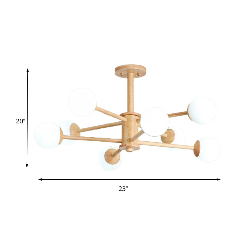 Starburst Chandelier Lighting Contemporary Wooden 6/8/12 Lights Hanging Ceiling Lamp Fixture with White Glass Ball Shade in Natural Wood Clearhalo 'Ceiling Lights' 'Chandeliers' 'Glass shade' 'Glass' 'Modern Chandeliers' 'Modern' Lighting' 152389