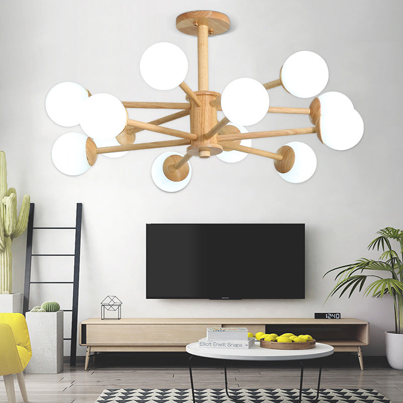 Starburst Chandelier Lighting Contemporary Wooden 6/8/12 Lights Hanging Ceiling Lamp Fixture with White Glass Ball Shade in Natural Wood 12 Wood Clearhalo 'Ceiling Lights' 'Chandeliers' 'Glass shade' 'Glass' 'Modern Chandeliers' 'Modern' Lighting' 152390