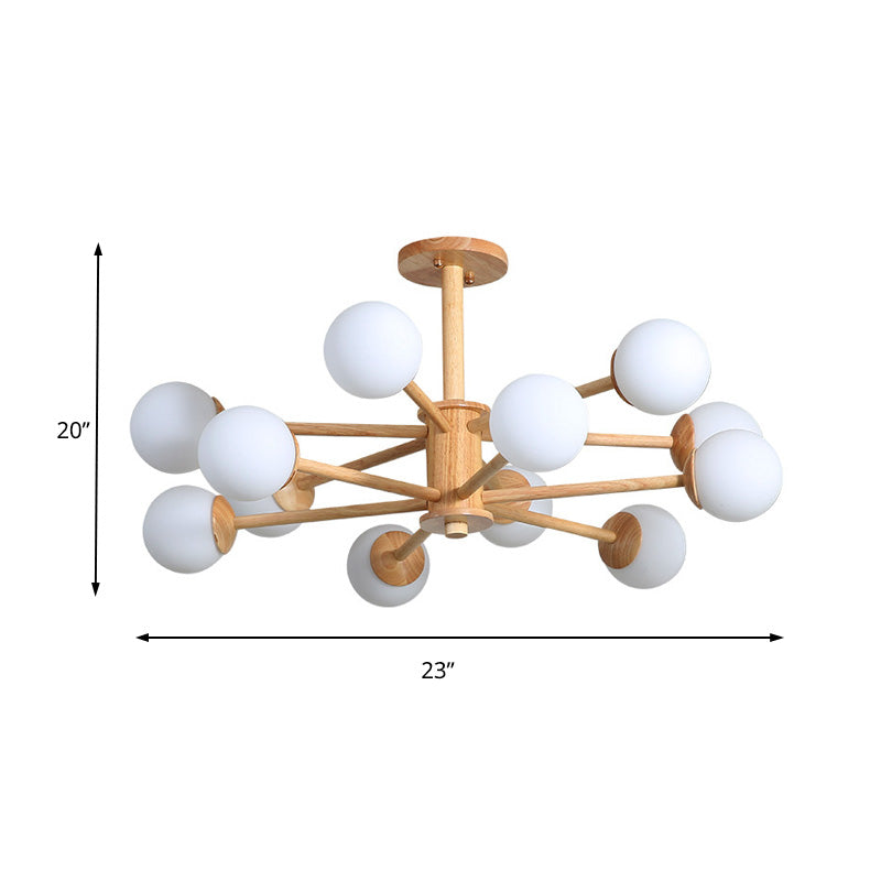 Starburst Chandelier Lighting Contemporary Wooden 6/8/12 Lights Hanging Ceiling Lamp Fixture with White Glass Ball Shade in Natural Wood Clearhalo 'Ceiling Lights' 'Chandeliers' 'Glass shade' 'Glass' 'Modern Chandeliers' 'Modern' Lighting' 152393