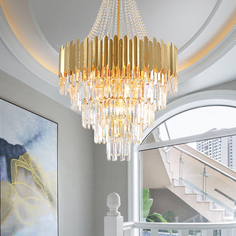 Multi Tier Gold Hanging Chandelier Light Vintage Style Round Pendant Light with K9 Crystal for Stairway Clearhalo 'Ceiling Lights' 'Chandeliers' 'Modern Chandeliers' 'Modern' Lighting' 152439