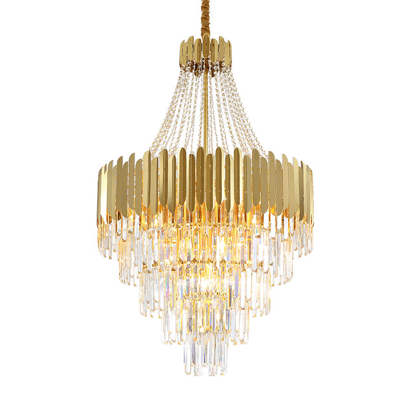 Multi Tier Gold Hanging Chandelier Light Vintage Style Round Pendant Light with K9 Crystal for Stairway Clearhalo 'Ceiling Lights' 'Chandeliers' 'Modern Chandeliers' 'Modern' Lighting' 152440