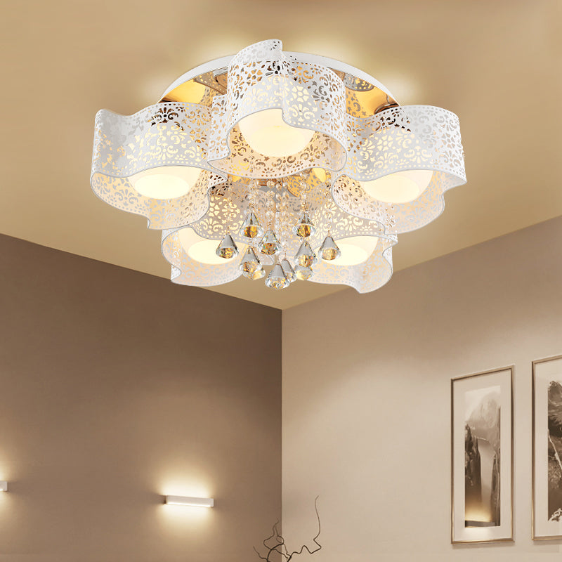 Modernist Etched Flower Ceiling Lamp Crystal 3/5 Lights Ceiling Lamp with Opal Glass Ball Shade in Pink/White Clearhalo 'Ceiling Lights' 'Close To Ceiling Lights' 'Close to ceiling' 'Flush mount' Lighting' 152464