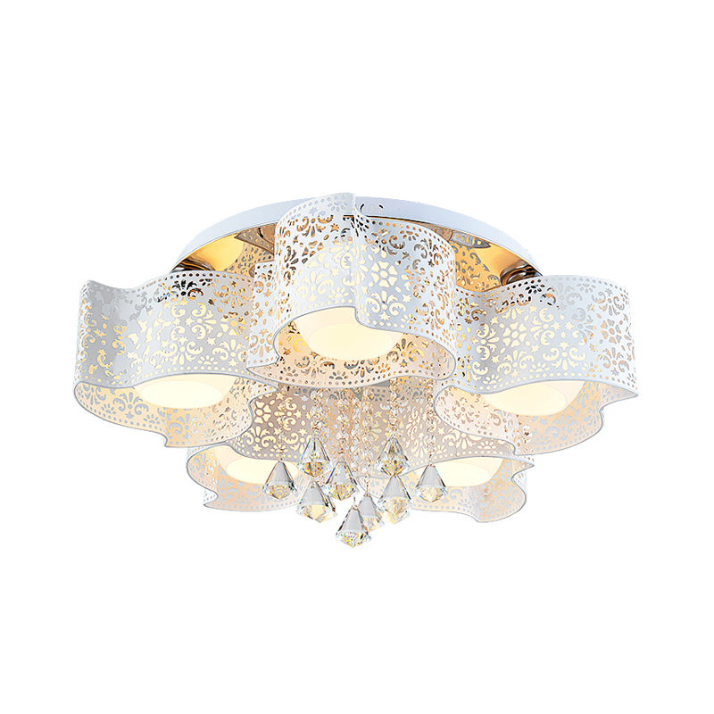 Modernist Etched Flower Ceiling Lamp Crystal 3/5 Lights Ceiling Lamp with Opal Glass Ball Shade in Pink/White Clearhalo 'Ceiling Lights' 'Close To Ceiling Lights' 'Close to ceiling' 'Flush mount' Lighting' 152465