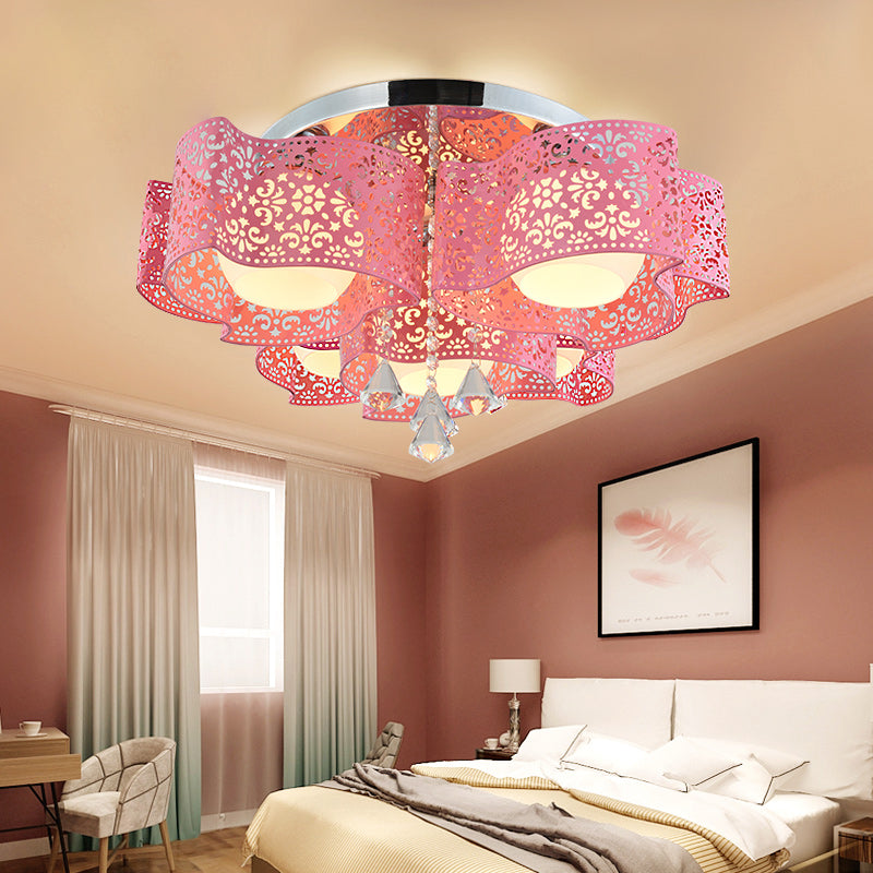 Modernist Etched Flower Ceiling Lamp Crystal 3/5 Lights Ceiling Lamp with Opal Glass Ball Shade in Pink/White 5 Pink Clearhalo 'Ceiling Lights' 'Close To Ceiling Lights' 'Close to ceiling' 'Flush mount' Lighting' 152468