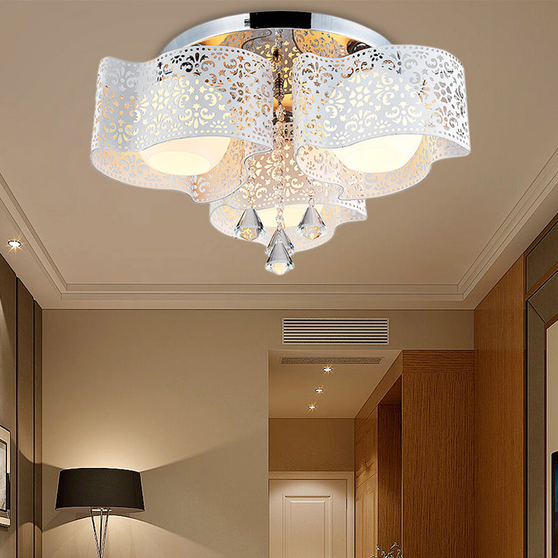 Modernist Etched Flower Ceiling Lamp Crystal 3/5 Lights Ceiling Lamp with Opal Glass Ball Shade in Pink/White 3 White Clearhalo 'Ceiling Lights' 'Close To Ceiling Lights' 'Close to ceiling' 'Flush mount' Lighting' 152471