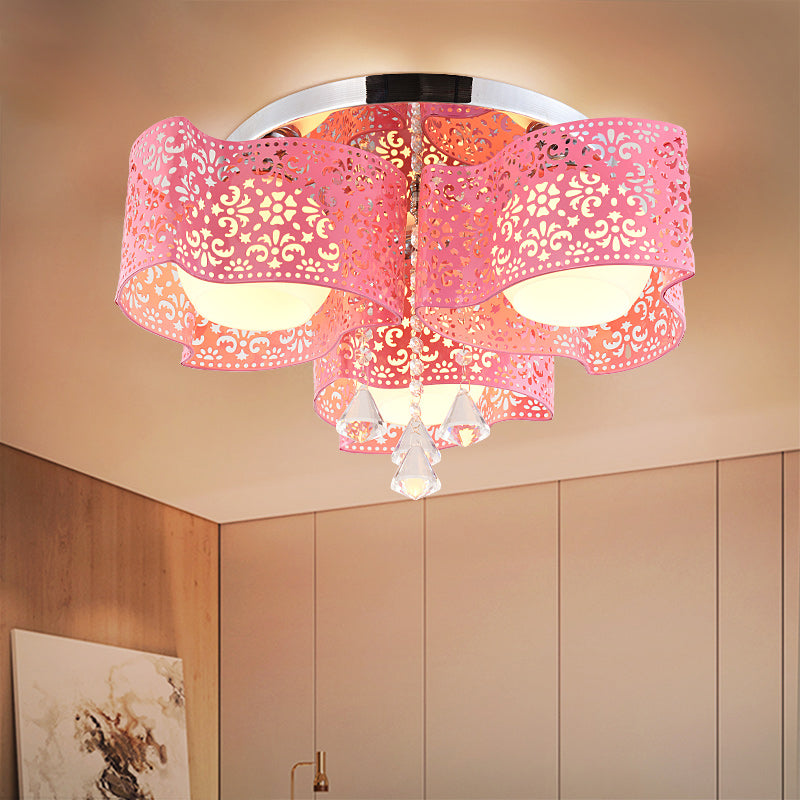 Modernist Etched Flower Ceiling Lamp Crystal 3/5 Lights Ceiling Lamp with Opal Glass Ball Shade in Pink/White 3 Pink Clearhalo 'Ceiling Lights' 'Close To Ceiling Lights' 'Close to ceiling' 'Flush mount' Lighting' 152475