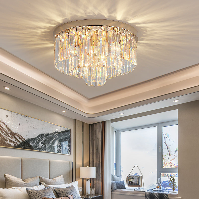 LED Multi Tier Flush Ceiling Light with Clear Crystal Block Vintage Ceiling Lamp in Gold for Bedroom Clearhalo 'Ceiling Lights' 'Close To Ceiling Lights' 'Close to ceiling' 'Flush mount' Lighting' 152532