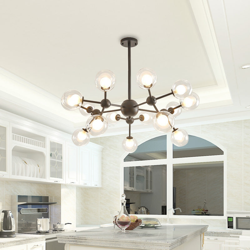 Clear Glass Bubble Chandelier Lamp with Starburst Design Modern 9/12/15 Lights Hanging Light Fixture in Black/Gold 15 Black Clearhalo 'Ceiling Lights' 'Chandeliers' 'Glass shade' 'Glass' 'Modern Chandeliers' 'Modern' Lighting' 152575