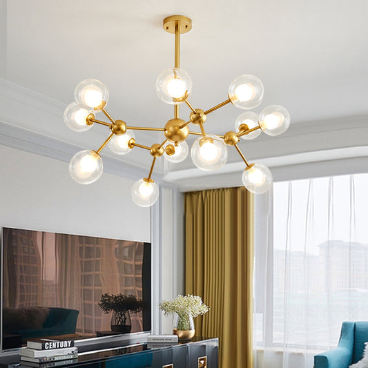 Clear Glass Bubble Chandelier Lamp with Starburst Design Modern 9/12/15 Lights Hanging Light Fixture in Black/Gold 15 Gold Clearhalo 'Ceiling Lights' 'Chandeliers' 'Glass shade' 'Glass' 'Modern Chandeliers' 'Modern' Lighting' 152583