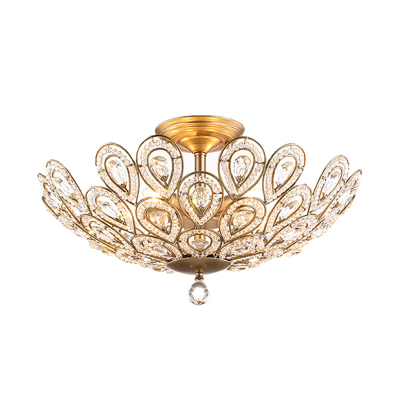 Brass Peacock Tail Flush Ceiling Light 3/5 Lights Lodge Style Metal Ceiling Lamp with Crystal Bead for Living Room Clearhalo 'Ceiling Lights' 'Close To Ceiling Lights' 'Close to ceiling' 'Semi-flushmount' Lighting' 152589