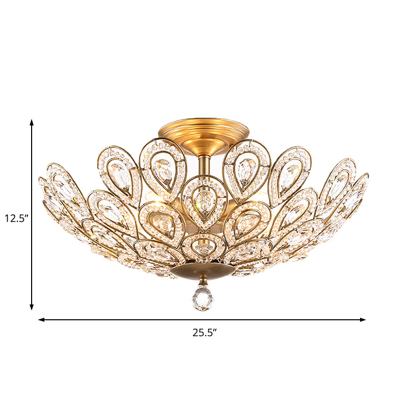 Brass Peacock Tail Flush Ceiling Light 3/5 Lights Lodge Style Metal Ceiling Lamp with Crystal Bead for Living Room Clearhalo 'Ceiling Lights' 'Close To Ceiling Lights' 'Close to ceiling' 'Semi-flushmount' Lighting' 152590