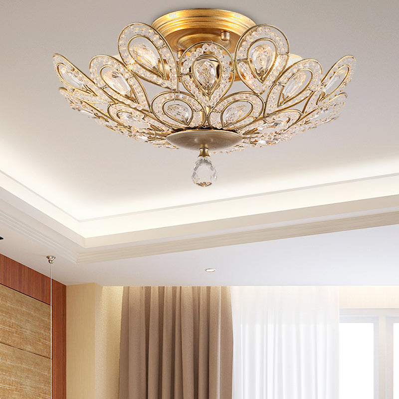 Brass Peacock Tail Flush Ceiling Light 3/5 Lights Lodge Style Metal Ceiling Lamp with Crystal Bead for Living Room 3 Brass Clearhalo 'Ceiling Lights' 'Close To Ceiling Lights' 'Close to ceiling' 'Semi-flushmount' Lighting' 152591