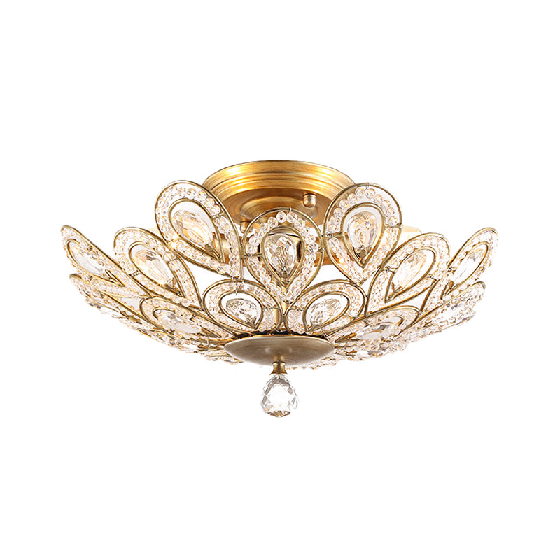 Brass Peacock Tail Flush Ceiling Light 3/5 Lights Lodge Style Metal Ceiling Lamp with Crystal Bead for Living Room Clearhalo 'Ceiling Lights' 'Close To Ceiling Lights' 'Close to ceiling' 'Semi-flushmount' Lighting' 152593