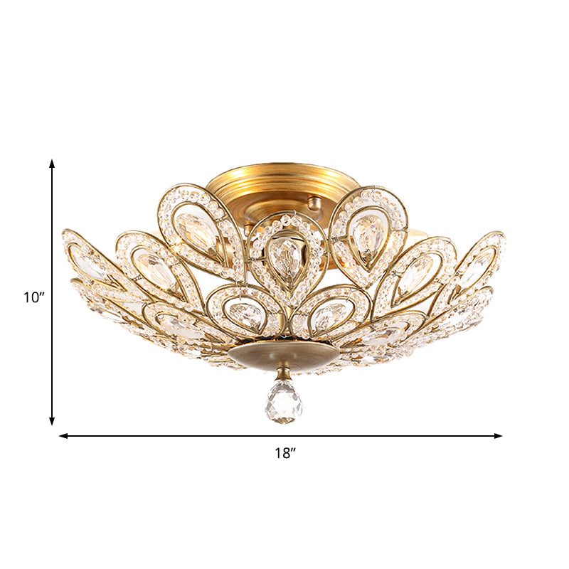 Brass Peacock Tail Flush Ceiling Light 3/5 Lights Lodge Style Metal Ceiling Lamp with Crystal Bead for Living Room Clearhalo 'Ceiling Lights' 'Close To Ceiling Lights' 'Close to ceiling' 'Semi-flushmount' Lighting' 152594