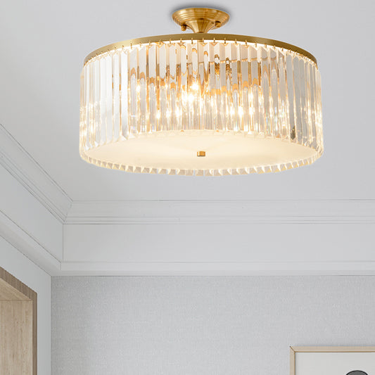 4/5/6 Bulbs Drum Semi Flush Ceiling Light Modern Clear Crystal Ceiling Lamp in Gold for Living Room Clearhalo 'Ceiling Lights' 'Close To Ceiling Lights' 'Close to ceiling' 'Semi-flushmount' Lighting' 152618