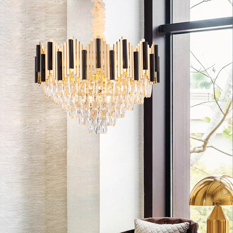 6/10 Heads Metal Hanging Pendant Light Contemporary Gold Multi Layer Ceiling Light with Clear Crystal Prism Clearhalo 'Ceiling Lights' 'Chandeliers' 'Modern Chandeliers' 'Modern' Lighting' 152641