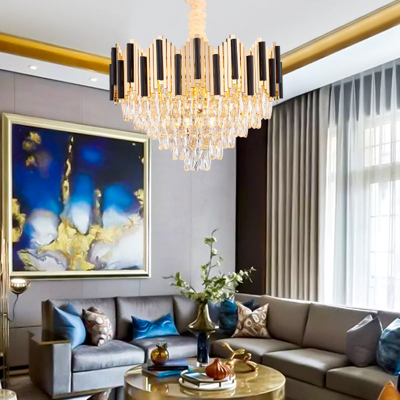 6/10 Heads Metal Hanging Pendant Light Contemporary Gold Multi Layer Ceiling Light with Clear Crystal Prism Clearhalo 'Ceiling Lights' 'Chandeliers' 'Modern Chandeliers' 'Modern' Lighting' 152642