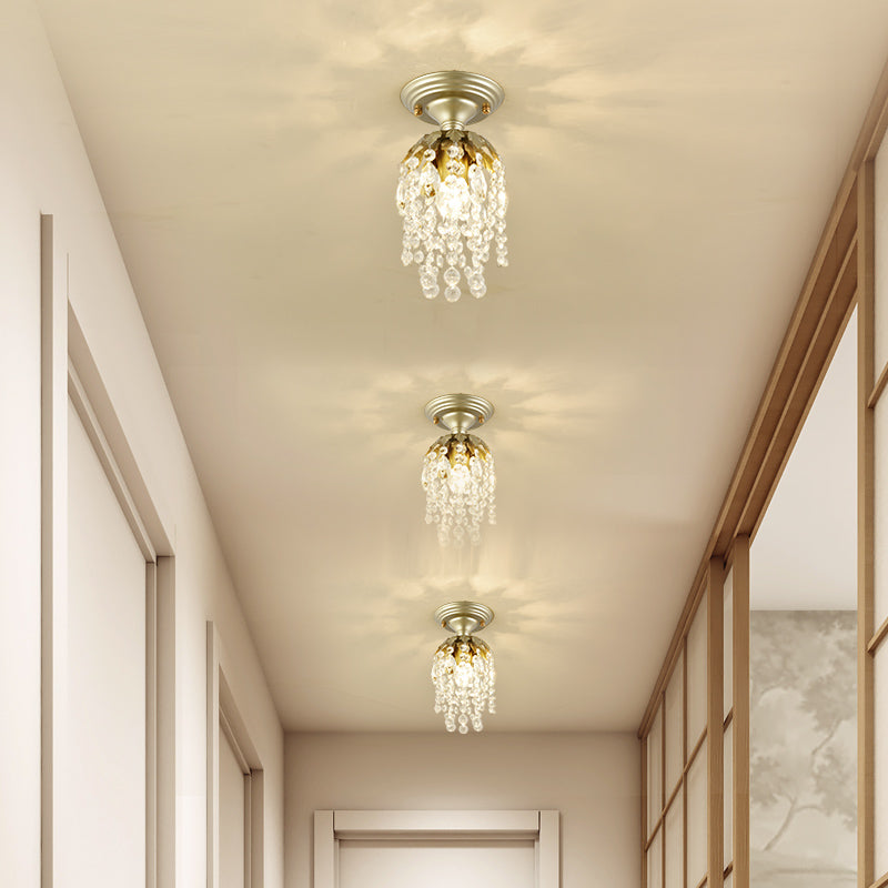 Brass Finish Mini Ceiling Light Modern Metal 1 Light Semi-Flush Light with Crystal Bead for Corridor Brass Clearhalo 'Ceiling Lights' 'Close To Ceiling Lights' 'Close to ceiling' 'Flush mount' Lighting' 152658