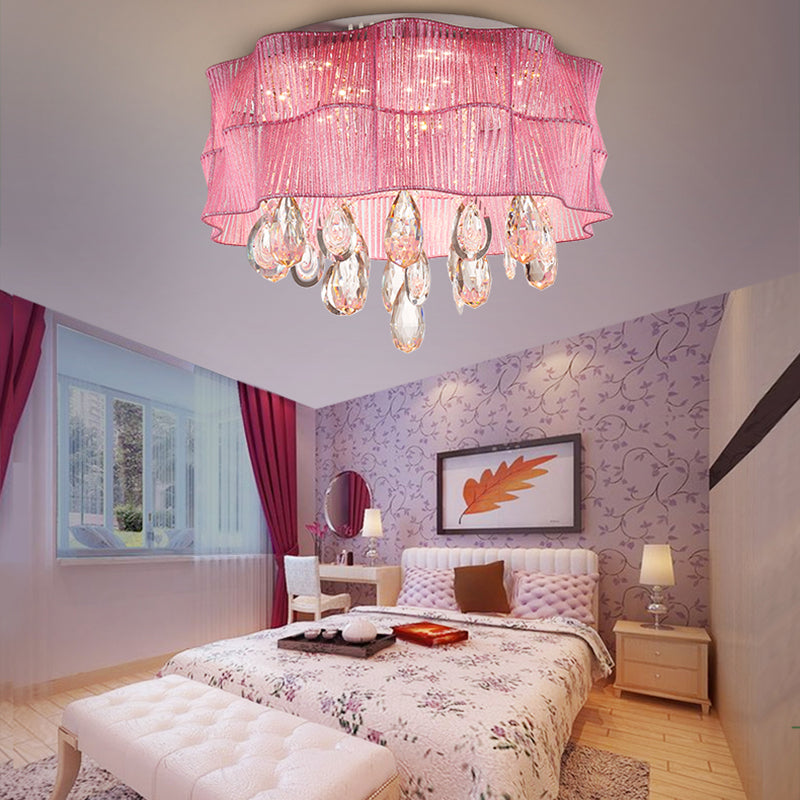 Blue/Pink Flower Flush Ceiling Lamp LED Contemporary Fabric Ceiling Lamp with Teardrop Crystal for Bedroom Pink Clearhalo 'Ceiling Lights' 'Close To Ceiling Lights' 'Close to ceiling' 'Flush mount' Lighting' 152676