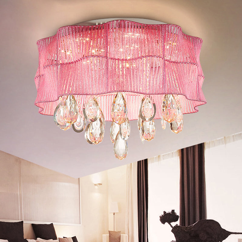 Blue/Pink Flower Flush Ceiling Lamp LED Contemporary Fabric Ceiling Lamp with Teardrop Crystal for Bedroom Clearhalo 'Ceiling Lights' 'Close To Ceiling Lights' 'Close to ceiling' 'Flush mount' Lighting' 152677