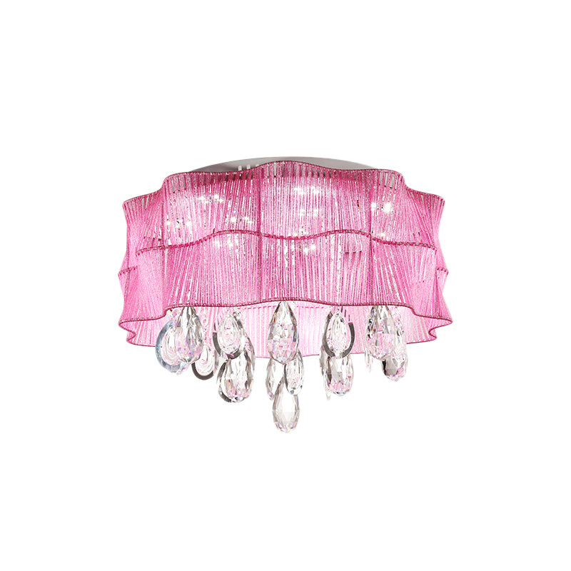 Blue/Pink Flower Flush Ceiling Lamp LED Contemporary Fabric Ceiling Lamp with Teardrop Crystal for Bedroom Clearhalo 'Ceiling Lights' 'Close To Ceiling Lights' 'Close to ceiling' 'Flush mount' Lighting' 152678