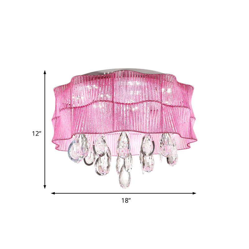 Blue/Pink Flower Flush Ceiling Lamp LED Contemporary Fabric Ceiling Lamp with Teardrop Crystal for Bedroom Clearhalo 'Ceiling Lights' 'Close To Ceiling Lights' 'Close to ceiling' 'Flush mount' Lighting' 152679