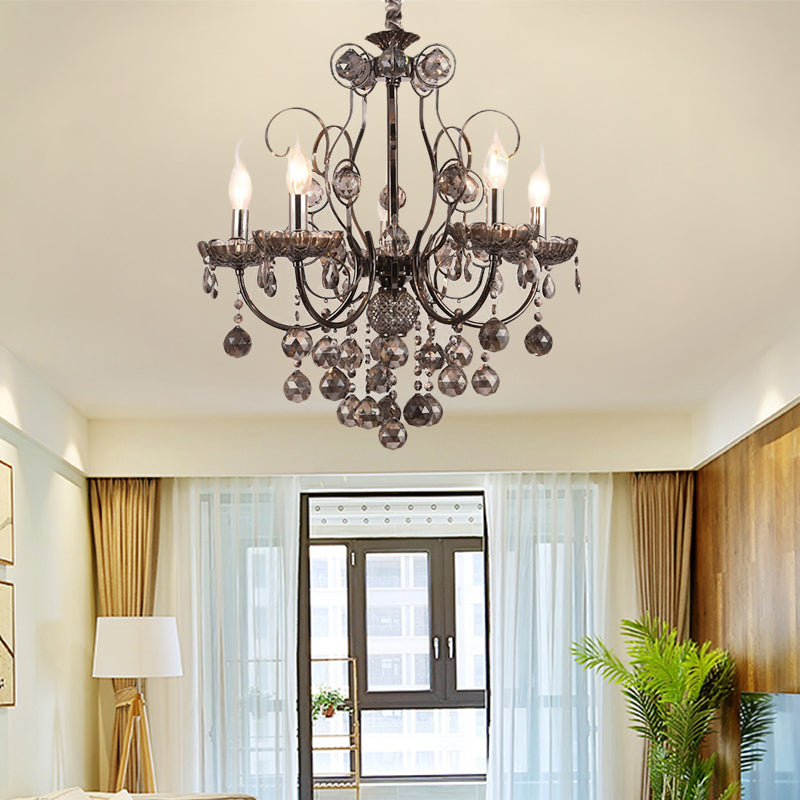 Smoke Gray Crystal Hanging Chandelier Light Vintage Style Candle 3/5 Lights Pendant Light for Dining Room 5 Smoke Gray Clearhalo 'Ceiling Lights' 'Chandeliers' 'Modern Chandeliers' 'Modern' Lighting' 152683